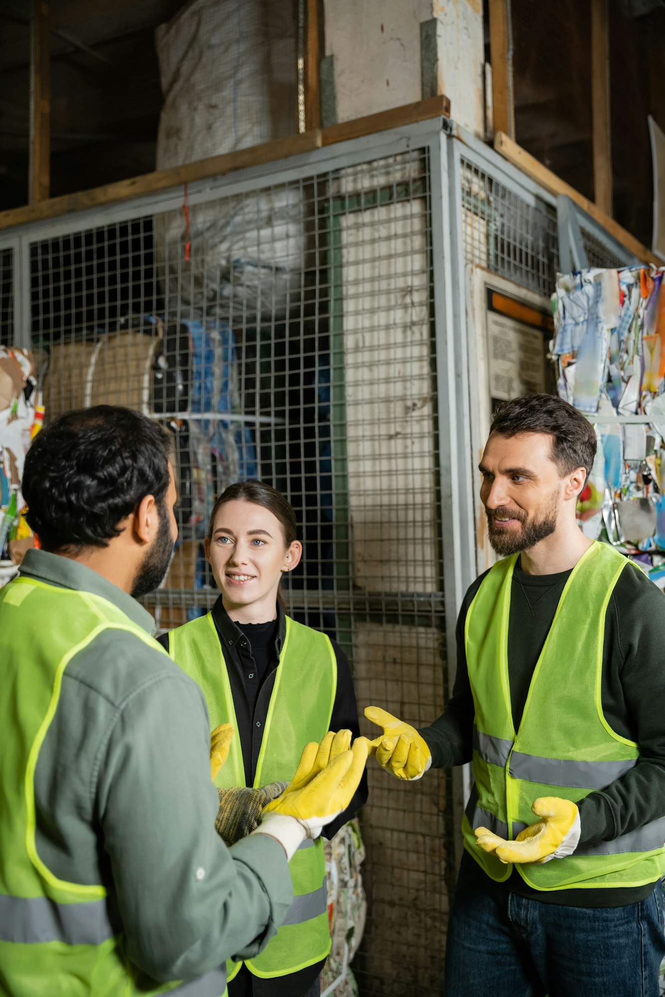 Smiling male worker in safety vest and gloves talking to indian colleague while resting near waste